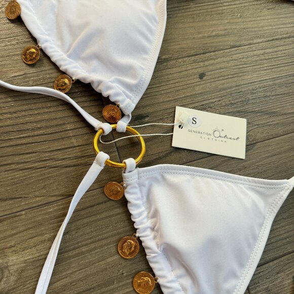 OUTCAST CLOTHING WHITE GOLD COIN FESTIVAL BACHELORETTE BIKINI WRAP TOP - SMALL - Picture 3 of 5